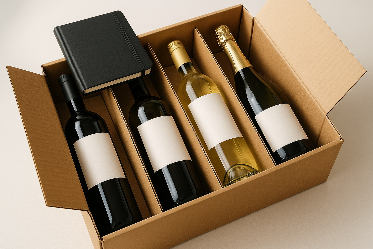 6 bottles of wine in a cardboard box - some red wine, some white one, some sparkling, no writing on the labels - a black moleskin tasting notes book on top