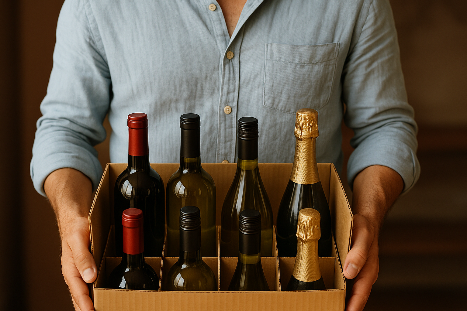 Please make the shirt pale blue linen.  please make sure there are 6 bottles in the box and please make the bottles a mix of red, white, and sparkling wine